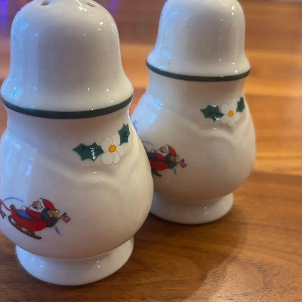 Pfaltzgraff Christmas White Green Salt & Pepper Shaker Set Santa on his sleigh
